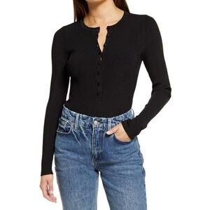 NWT Good American Womens Black Long Sleeve Rib Long Sleeve Cheeky Bodysuit Sz 3